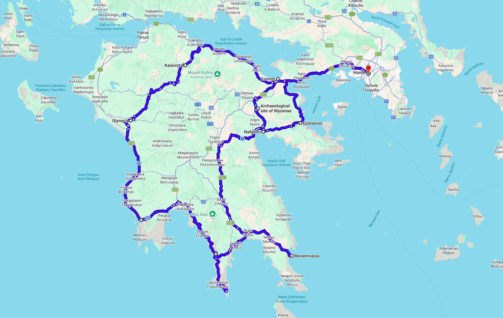 PELOPONNESE ROUTE MAP